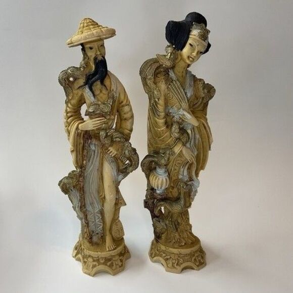 Vintage Lot of 2 ArtMark Italy Goddess & Sorcerer Statues Resin Asian Decor 9.5" - Picture 1 of 14